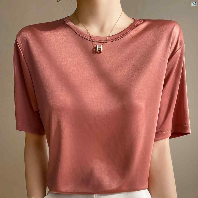 レディース ファッション　レディース　カジュアル　上品　綺麗　外出 トリアセテート 半袖 Tシャツ 夏 ブルー ドレープ ラウンドネック トップ