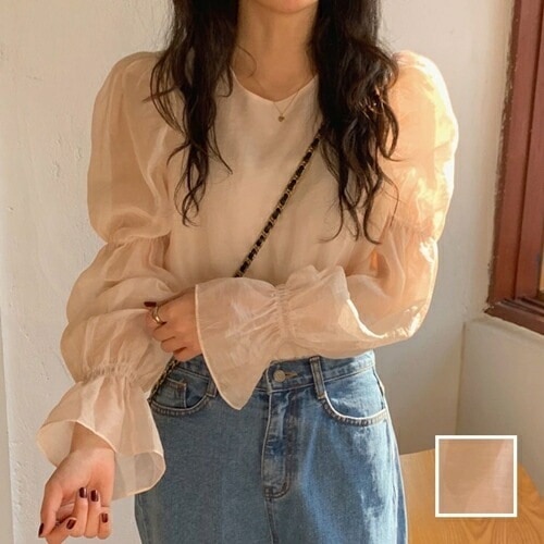 ブラウス シャツ 韓国 ファッション レディース 春 夏 秋 カジュアル コーデ シンプル 定番 セレカジ 20代 30代 40代 2025 シアー パフスリーブ バックリボン ノーカラー