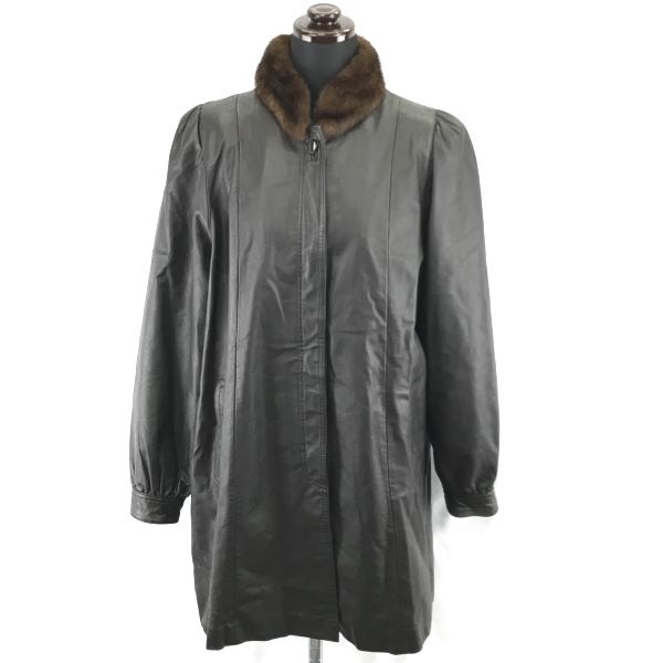 牛本革/比翼仕立て/カウレザーステンカラーコート/アウター【Womens size-F/茶系】袖リブBC130L
