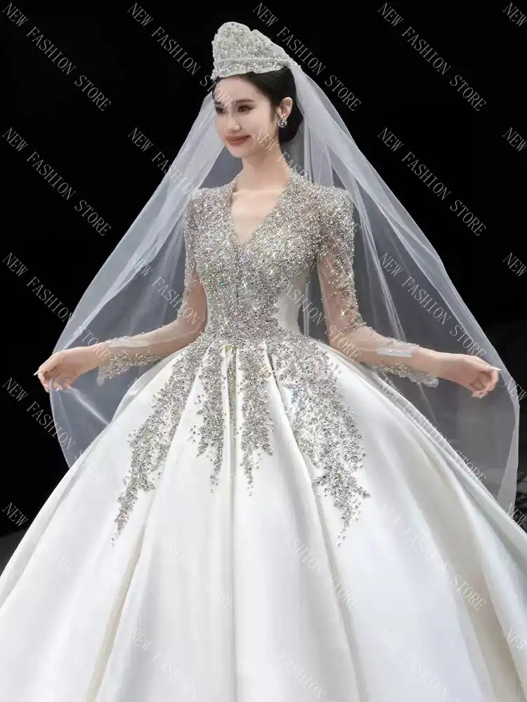 フランス式レトロウェディングドレス新型長袖ウェディングドレスワンピース-88