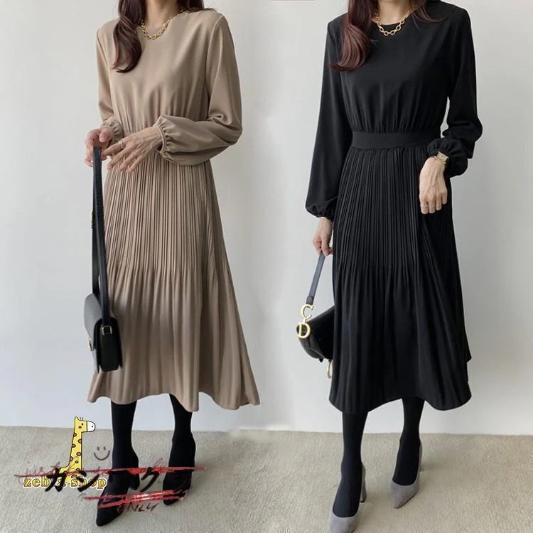 ワンピース レディース きれいめ シフォンプリーツスカート春秋 長袖 上品 ワンピース 大きいサイズ 韓国風 おしゃれ着痩せ 新品通勤結婚式 30代 40代 50代