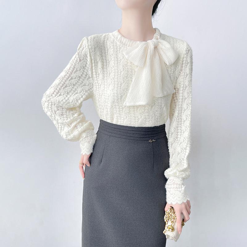 ブラウス レース シャツ レディース 秋冬 リボン ボウタイ トップス ニット エレガント ファッション 大人 きれいめ