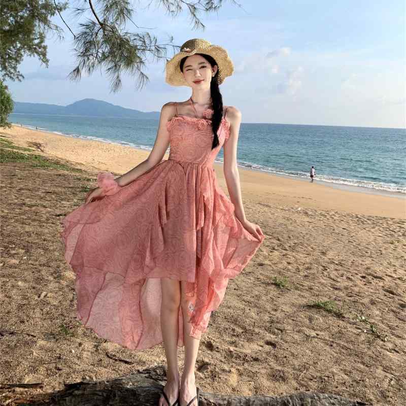 ワンピース 女性用 夏 ジッパー フリルスカート ミカート ビーチリゾート サマーワンピ アシンメトリー フローラル フェミニン レディース エレガント ハイウエスト