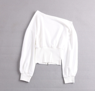 肩出し チャック プルオーバー ウエストマーク ゆる ワンピドレス ショート丈 長袖 パフスリーブ ラウンドネック ルーズ ワイド アシンメトリー スリット ファスナー 伸縮性 かわいい シンプル