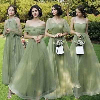 新作 ブライズメイドドレスロング丈袖付き二次会大きいサイズ結婚式体型カバー半袖フリルオフショルダー二次会卒業式花嫁ピアノ演奏会 お呼ばれドレス5886