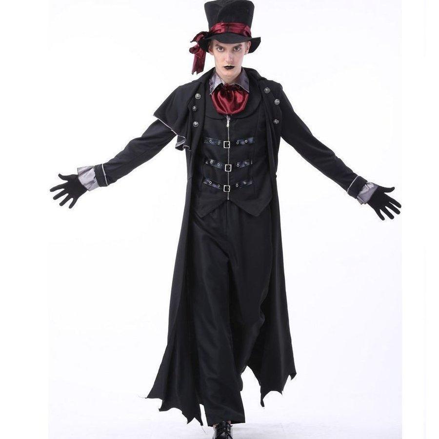 【ハロウィン】ハロウィン コスプレ コスチューム衣装 ドラキュラ 吸血鬼 男性 メンズ セット 6点セット ロングコート 蝶 グローブ ロングパンツ 帽子