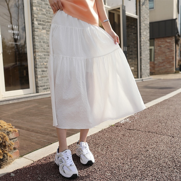 [韓国ファッション] ウエストゴム ティアードフリルロングスカート