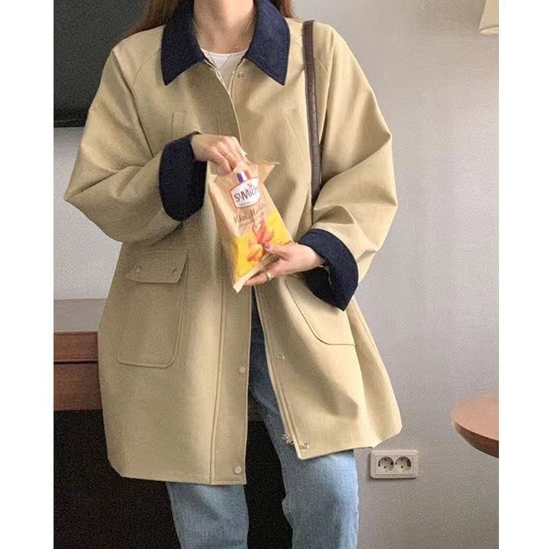 韓国ファッション カーキ 切り替え コート 2024 早春 セミロング丈 コート 怠惰 カジュアル
