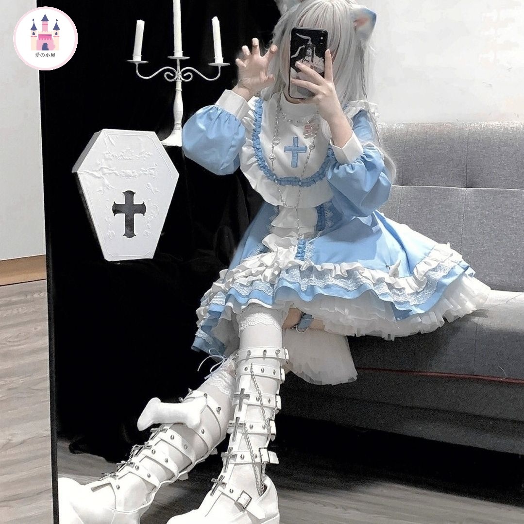 期間イベントオリジナルゴシックシスター風ロリータブルー白ワンピースワンピースロリータキュートな日常【新作特別セール】