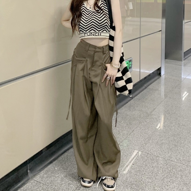 パンツ スキニー カジュアルパンツ レディース ダウン ストレート ドラッグ トラウザーズ 夏 ハイウエスト ルーズ ワイドレッグ ルーズ スタイリッシュ タック ジッパー ポケット リボン