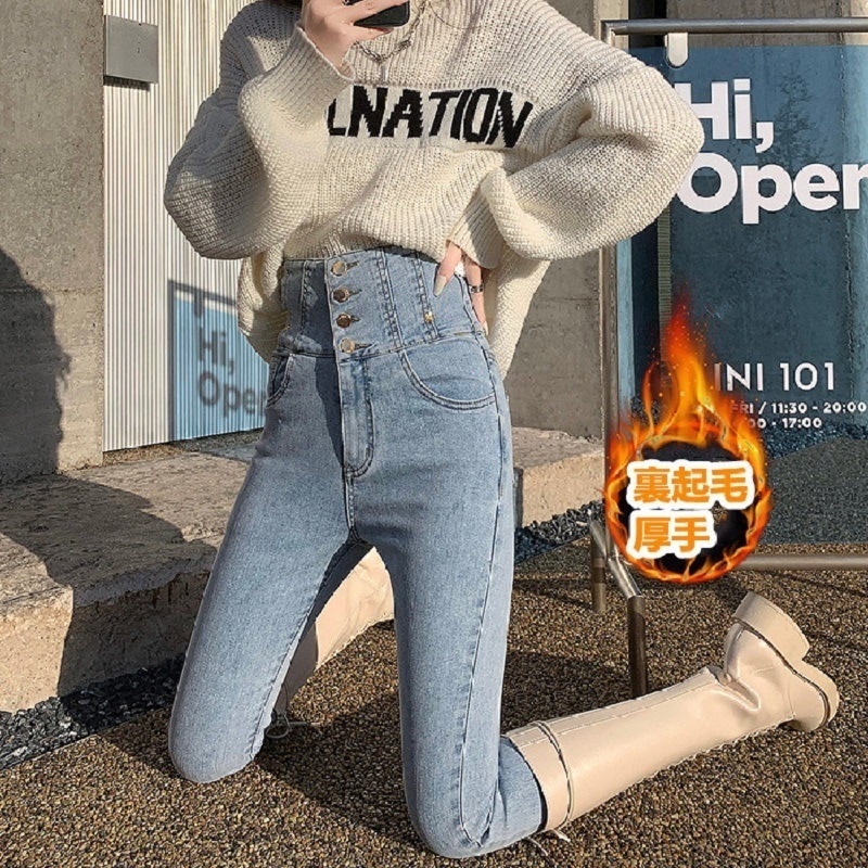 デニムボトムス脚長効果！スキニーデニムパンツ ハイウエスト スリミング 着痩せ裏起毛 暖かさ おしゃれ百掛け