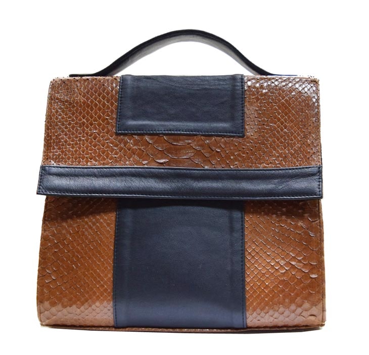 ANiSIE アニシエ レザーコレクション PYTHON パイソン (大蛇) 本革 ハンドバッグ パイソンブラウンカウブラック ショルダーつき ツーウェイ (Brown)(Black)ブラウン