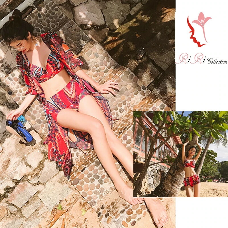 新作 -f021 ワンピース 水着 上品 パレオ ビスチェ バンドゥ フリル タンキニ 大きいサイズ レディース水着 ビキニ レッド バスト盛れる 体型カーバー ホルターネックワイヤー入りビキニ