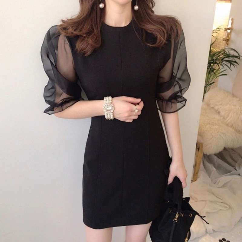 ワンピース ドレス ミニ丈 ミニ サマーワンピ ドレスワンピ パフ袖 シアー メッシュ シースルー 透け感 パフスリーブ 膝上 ひざ上 ラウンドネック 背面ジッパー ファスナー 袖あり 半袖 スリム