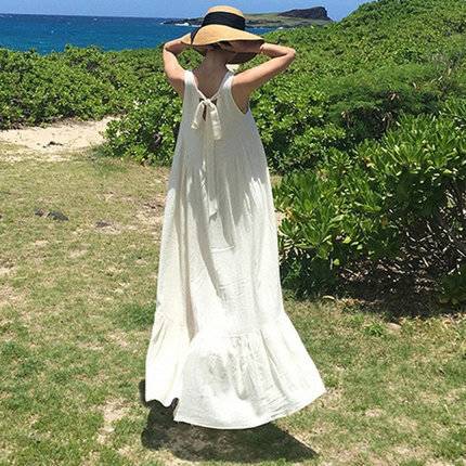 ワンピース バッグ リボン ノースリーブ フレア ロング マキシ 袖なし Vネック 切り替えデザイン 綿 麻 リネン かわいい 大人 女子 無地 シンプル カジュアル 体型カバー 普段使い お出かけ