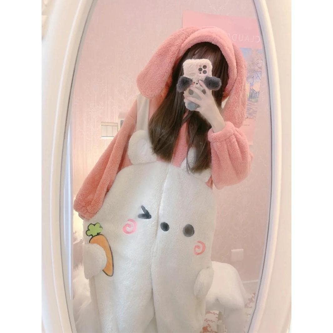 2024秋冬人気着ぐるみパジャマ可愛いウサギコーリース裏起毛オールインワンフランネルモコモコパジャマ長袖上下セットファスナー付きウェアセットアップレディース福袋