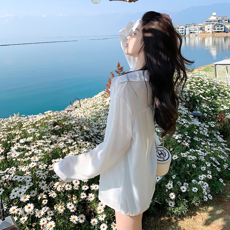 女性用白日焼け防止服2024夏新スタイルシフォン長袖カジュアルシャツルーズドレープシャツ薄手カーディガン