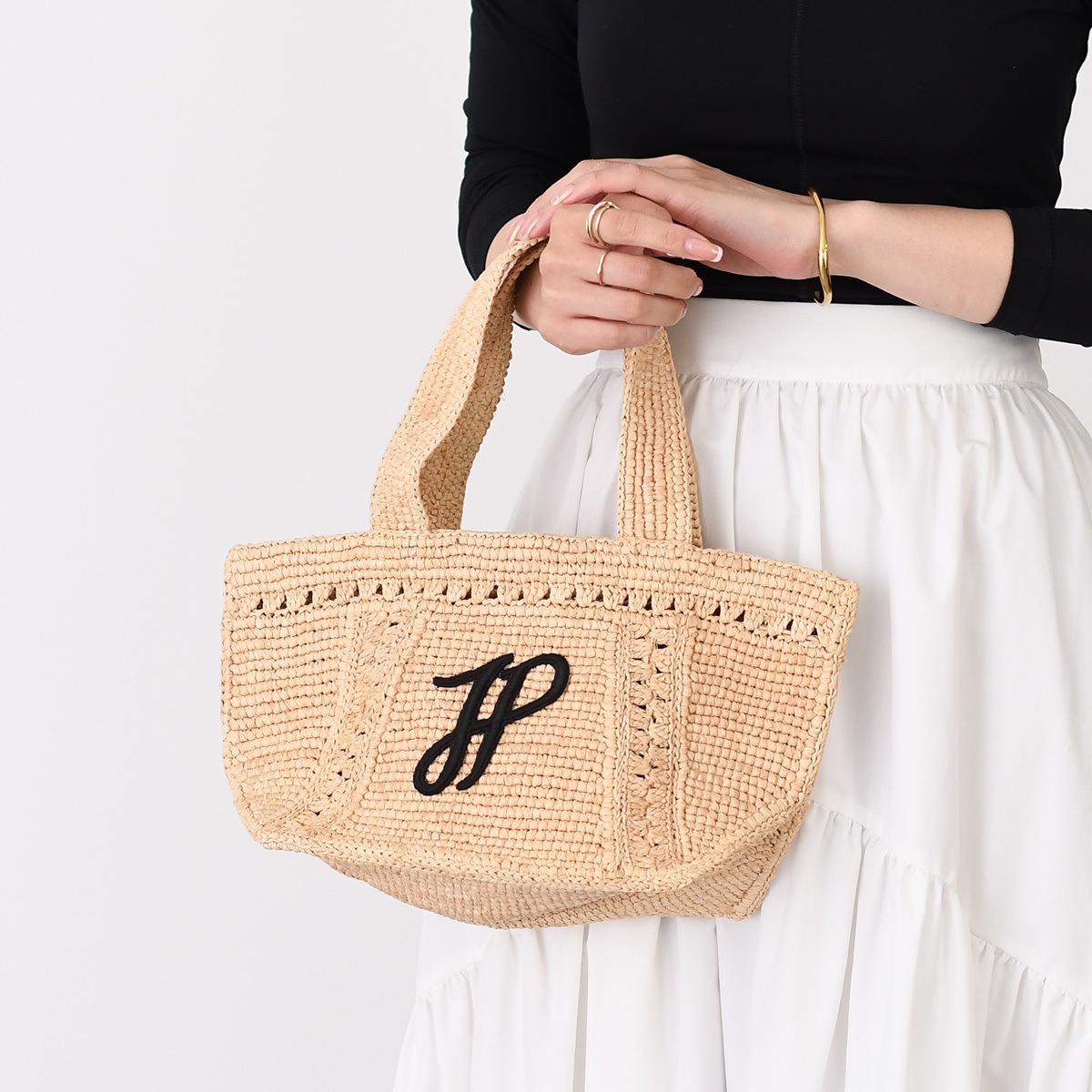 カゴバッグ ラフィア パトゥロゴトラペーズトート スモール AC093 0215 レディース バニラ ロゴ モノグラム 刺繍 夏バッグ