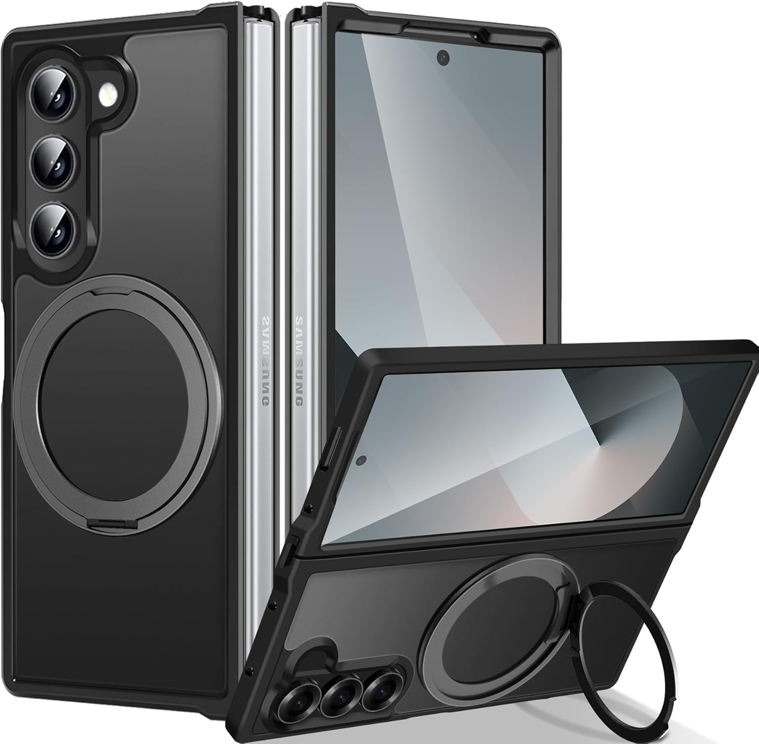 ギャラクシー Galaxy Z Fold6 アルミニウム プラスチック リング付き スタンド機能 ケース ブラック ゼットフォールド 耐衝撃 軽量 カバー 送料無料