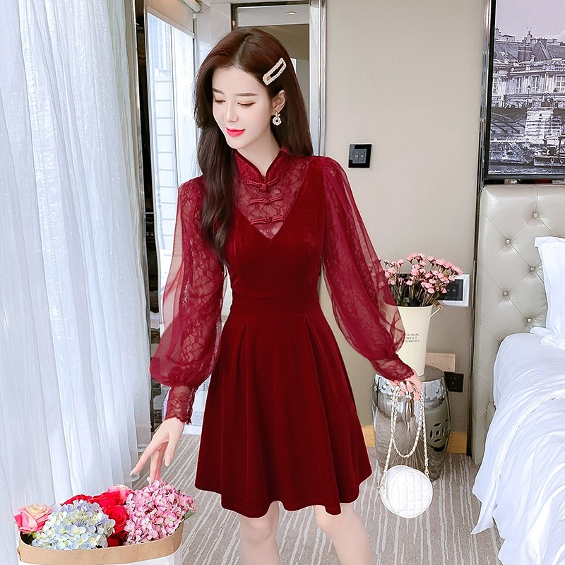 レース切替ワンピース ワンピース フレアワンピース ワンピドレス ミニ ミニ丈 袖あり 長袖 パフスリーブ ハイネック フレア 切り替えデザイン レース ウエストマーク 切り替えデザイン ハイウエスト