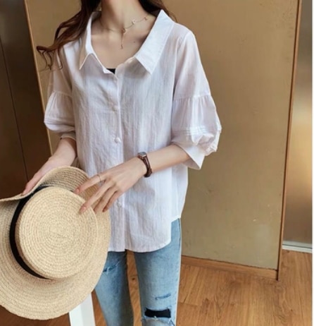 ふんわり袖ブラウス トップス ロング丈 袖あり 綿 ナチュラル 爽やか 大人スタイル 大人可愛い きれいめ シンプル カジュアル 大人 上品 おしゃれ かっこいい レトロ アジアン 大人可愛い