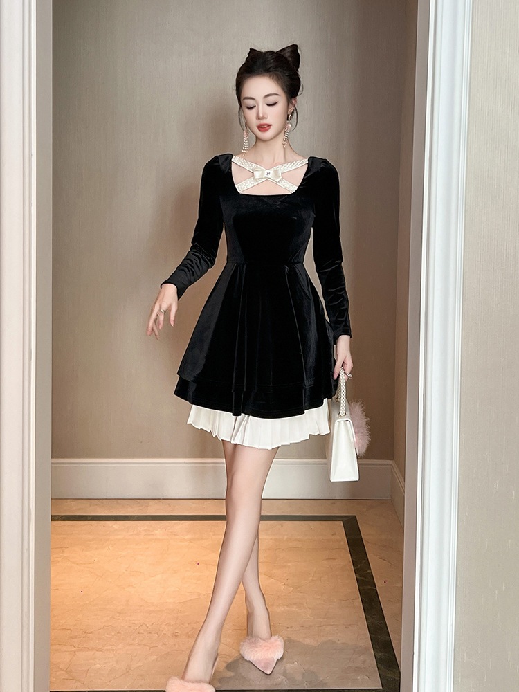 【JY.上品】 2025秋 蝶結び ベルベット プリーツ ドレス パーティー キャバ 大人 同窓会 披露宴 卒業式 結婚式 演奏会 ウェディング 二次会 メガ割