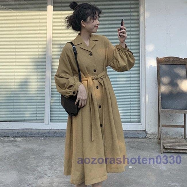 トレンチコート レディース 秋 ロングコート ロングワンピ 長袖 パフスリーブ コート 春 ワンピー