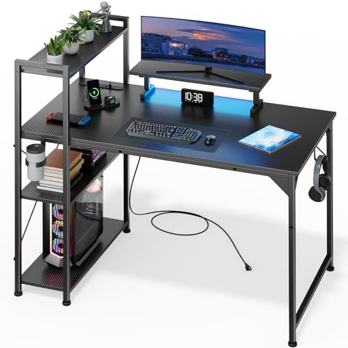 パソコンデスク 幅120cm 棚付き コンセント付き ゲーミングデスク 収納 モニター台付き