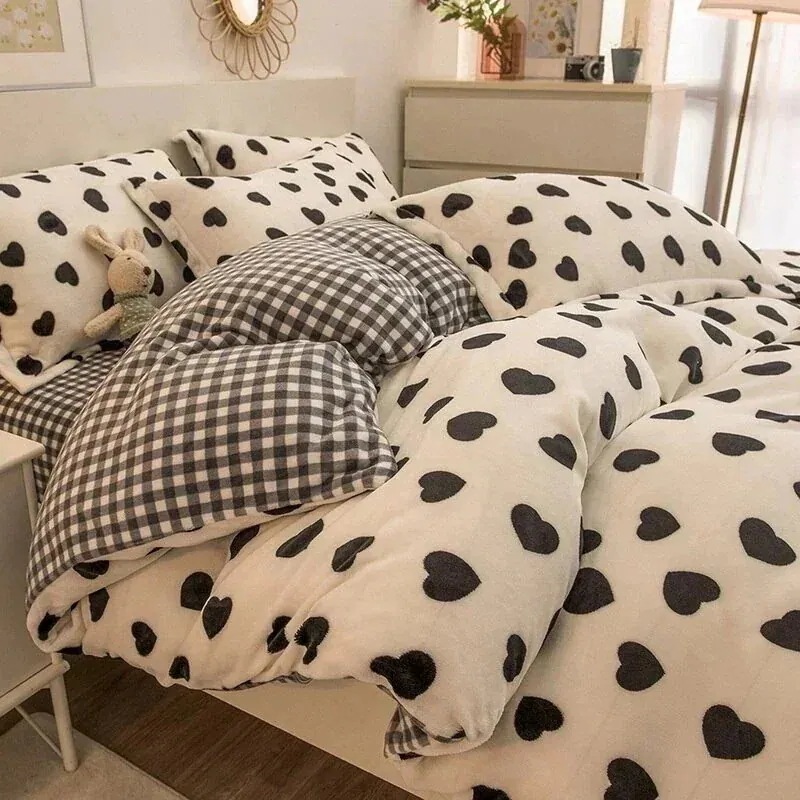 韓国のファッションチェック柄ラブベッドカバー4点セット/ベッドシーツ/布団カバー/ベッドの裏地