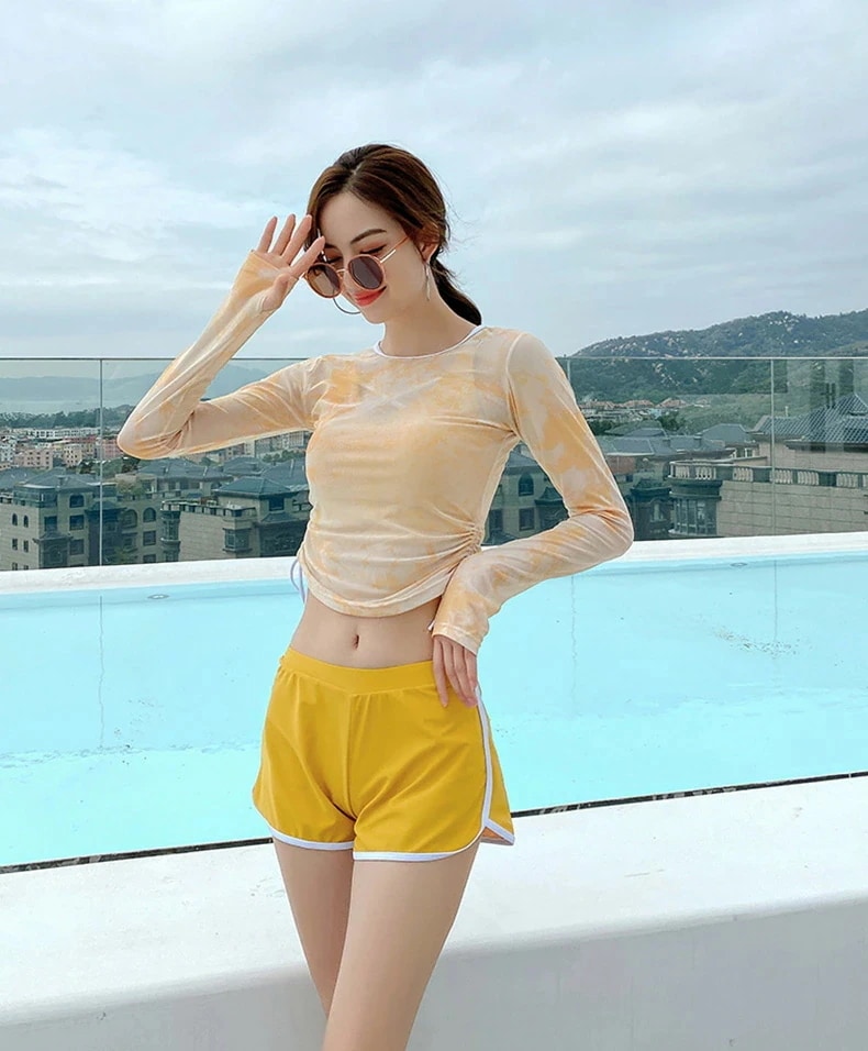 水着 ビキニ ビーチファッション ４点セット ブルー 水色 スポーティ 紫外線防止対策 水着セット 水着インナー ワンピース水着 シースルー ラッシュガード ショーツ セット プチプラ 夏