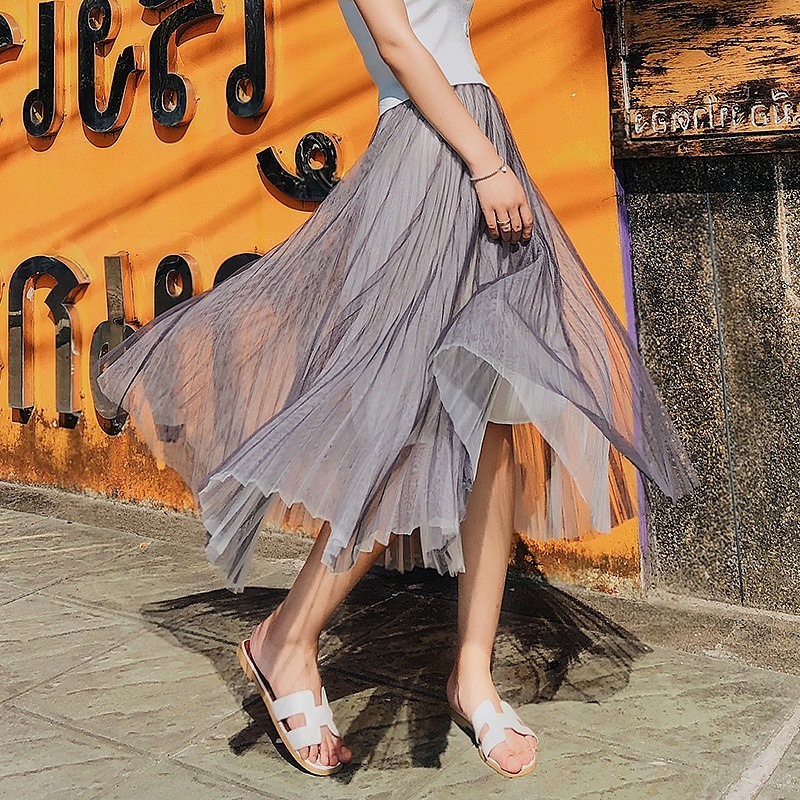 3217.マキシ丈 プリーツチュールスカート（グレー）2019 春夏 爽やか 普段使い お出かけ 100,000円