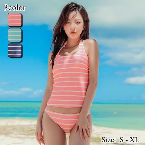 【グラシア】 水着 セット水着 レディース ビーチウェア スイムウェア 流行 海 プール 定番 デニム ゆったり Tシャツ タンキニ ボーダー ピンク ライトブルー ネイビー S M L ×L セット