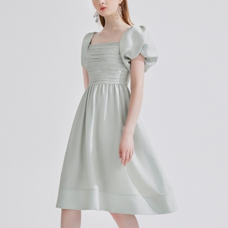 ワンピース ドレス レディース フレアワンピース ボリュームスリーブ ミディアム丈 ひざ下