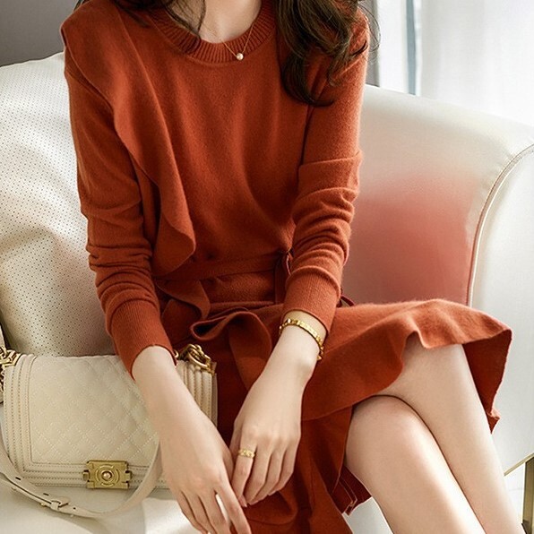 ワンピース レディース ニットワンピース S M L XL 韓国 プルオーバー ミディアム丈 長袖 スリム 細身 ストレート フリル ウエストマーク ニット かわいい 大人可愛い きれいめ シンプル