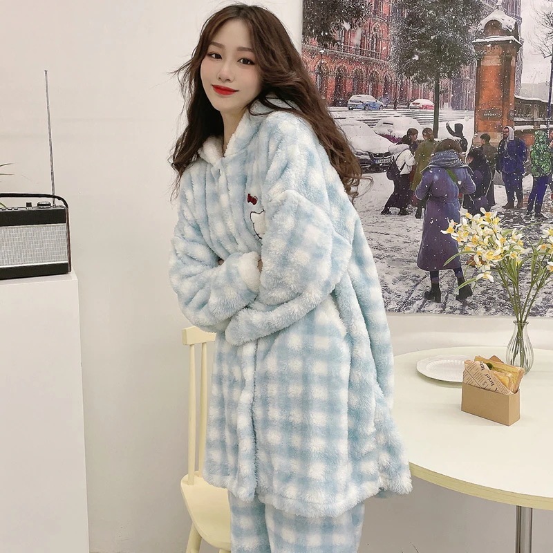 Insサンゴのベルベットの寝衣の女性の冬の帽子の保温Ins ハローキティ コーラル ベルベット パジャマ レディース 春冬 フード付き チェック柄 Kt 猫 ぬいぐるみ ホームウェア セット