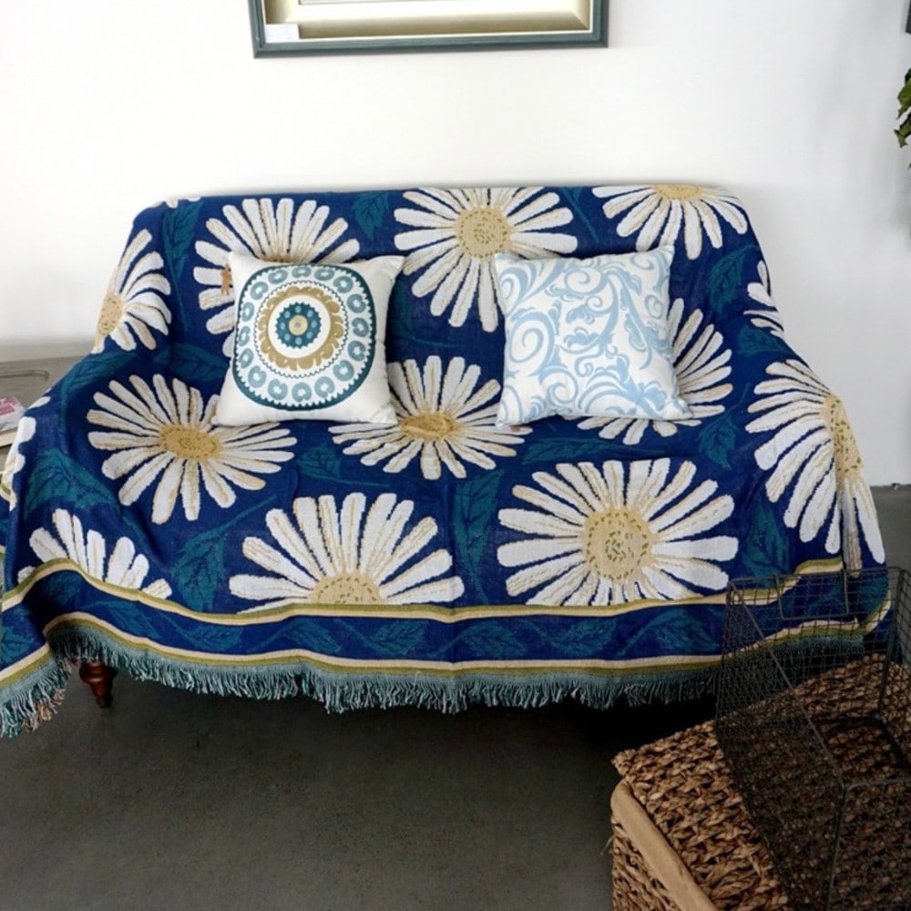 マルチ ブランケット 両面ジャカード織 花柄 タオルケット 大判 ひざ掛け デイジー おしゃれ リバーシブル ソファ カバー プレゼント