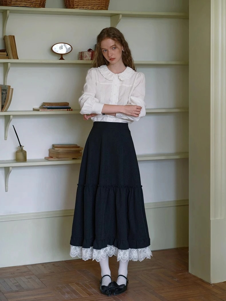 無地 ポケット ファスナー ウエストゴム フレア/Aライン ロングスカート [ブラック]