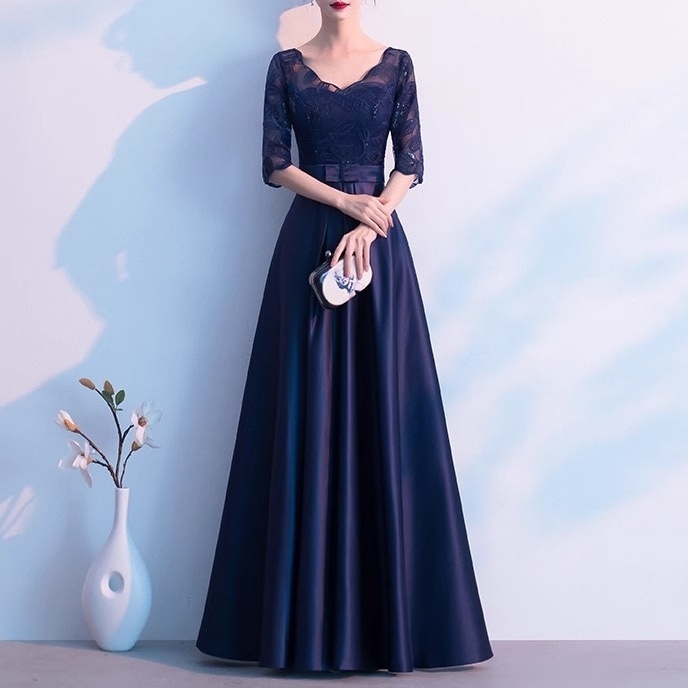 レディース ドレス イブニングドレス フォーマルドレス ロングドレス フレア ロングスカート 丈長 5分袖 Vネック フォーマル レース 刺繍 ウエストリボン 透け感 シースルー 切り替えデザイン