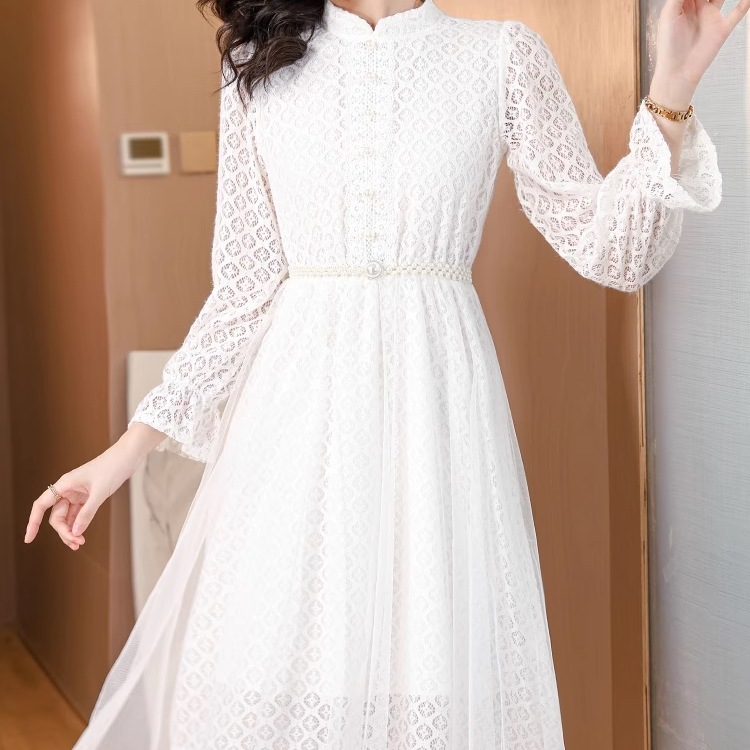 レディース ワンピース ミモレ 長袖 スタンドカラー セミフレア Aライン 切り替え レース ウエストマーク ハイウエスト 透け感 シースルー ボタン ドッキング かわいい 大人可愛い きれいめ