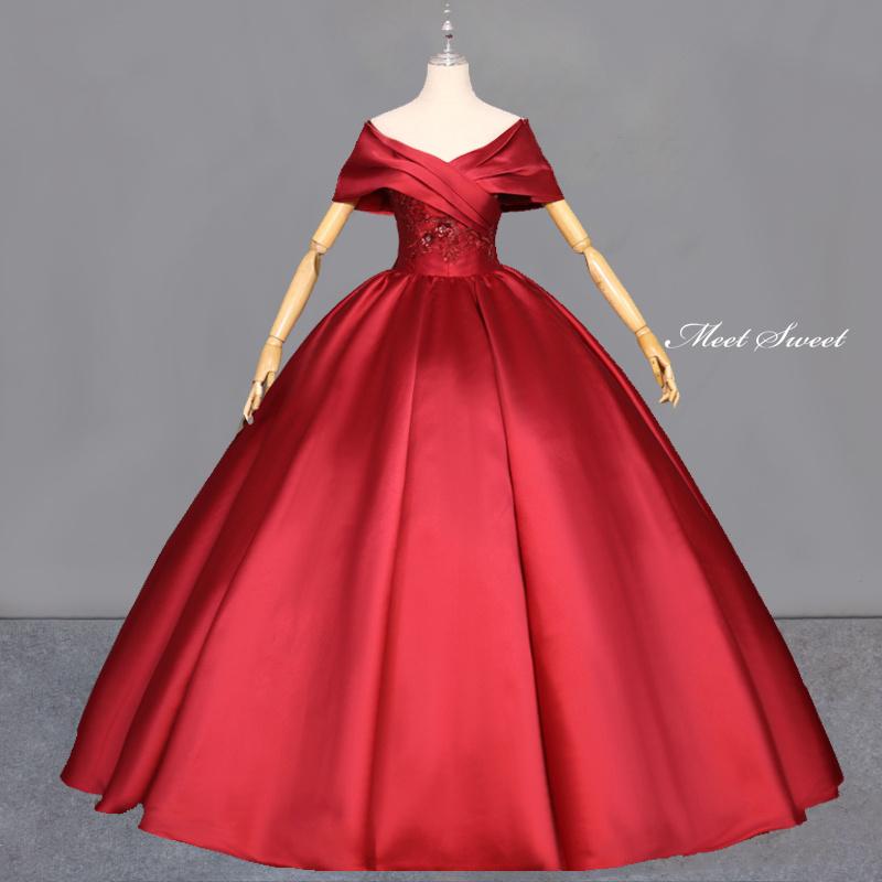 カラードレス プリンセスライン ロングドレス レッド 赤 サテン オフショルダー ウェディングドレス 結婚式 二次会 花嫁 前撮り 演奏会 発表会 ステージ衣装