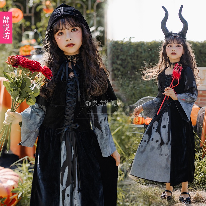 子供用ハロウィン衣装幼稚園児用パフォーマンス衣装スケルトンの子供服女の子魔女吸血鬼ゴシックドレス