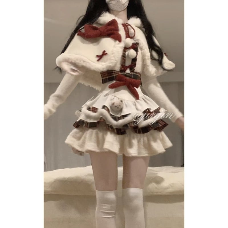 ロリータ 甘可愛い少女ロリータ感フリル衝突カラーキャミソールスカートポンポンスカートマントコートセット