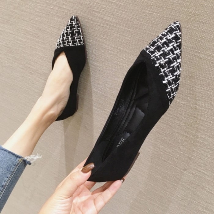 秋冬新作2colorツィードドッキングデザインvカットポインテッドトゥパンプスぺたんこ