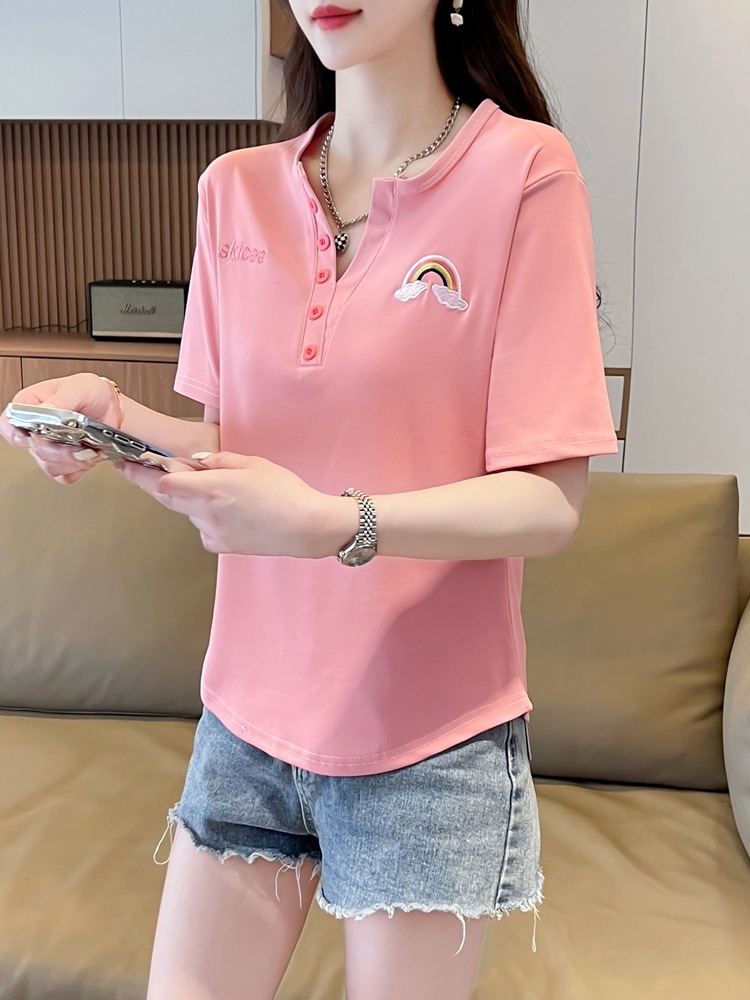 【1点ご購入 で10点プレゼントいたします】正肩Tシャツ女性半袖韓国版ゆったり女装小柄百合v襟上着