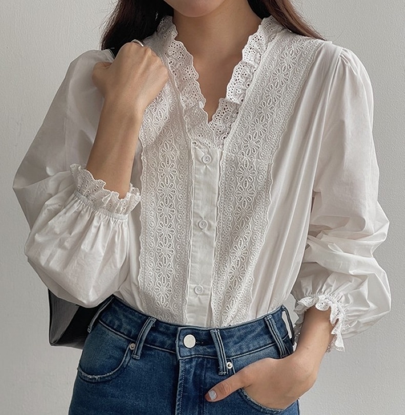 トップス シャツ ブラウス レディース レースブラウス Vネック 長袖 フリル襟 プリーツ パフスリーブ レース 刺繍 シンプル 大人 おしゃれ クール エレガント フォーマル お出かけ 休日 5,502円