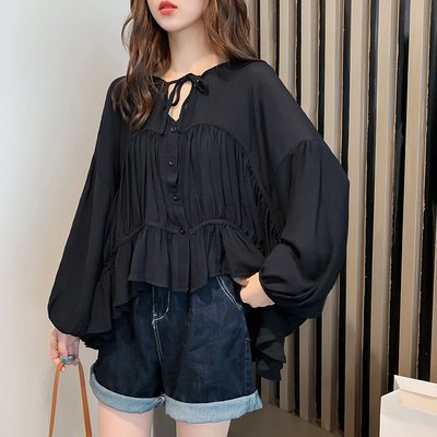 ブラウス レディース 長袖 シャツ 長袖ブラウス 長袖シャツ 秋 トップス シャーリング ボリューム バルーン袖 透け感 シアー ふんわり 大人可愛い カジュアル 白 黒