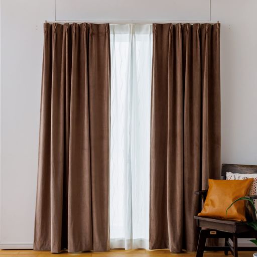 カーテン研究所遮光ベルベット調ドレープ モカ 幅100CMX丈200CM 2枚組 2級遮光 断熱 保温 洗える ナチュラル 省エネ アジャスターフック付き シンプル