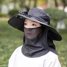 ソーラーファン付き帽子フェイスガードとネックフラップ付きUVカットUSB充電式メンズ夏アウトドア釣りつば広バケットハット