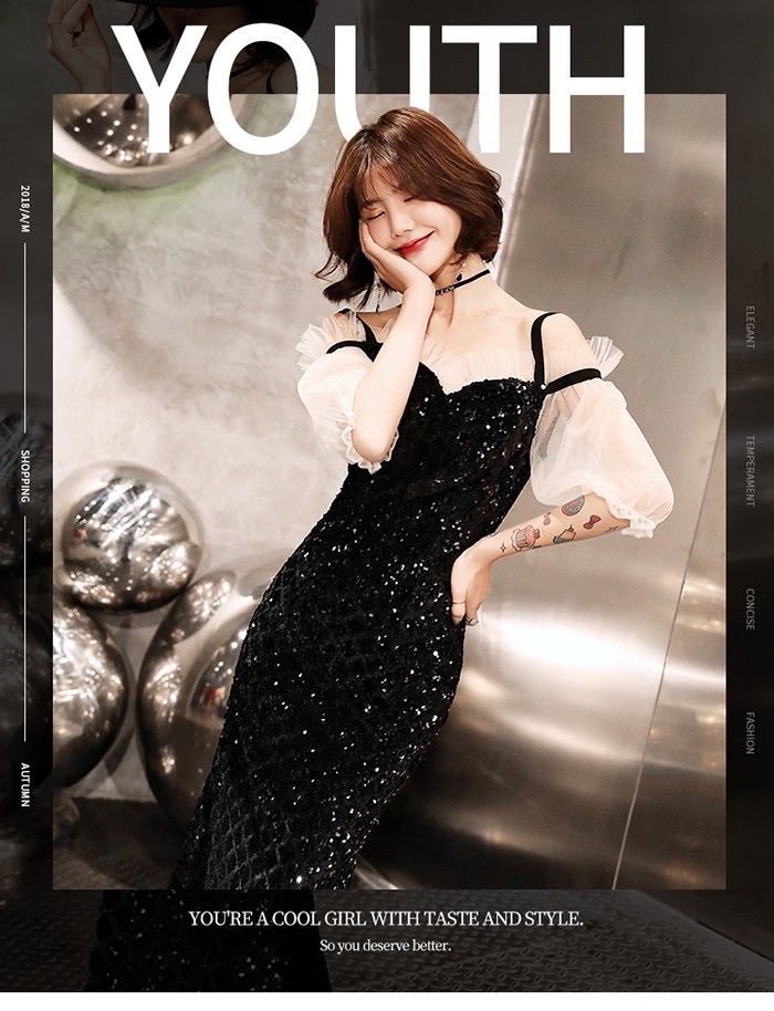 パーティードレス　結婚式　20代　30代　パーティドレス　ミモレ丈　ドレス　二次会　花嫁　花嫁ドレス　ロングドレス　ワンピース　成人式　マーメイドドレス　演奏会　発表会　お呼ばれ　五分袖　スパンコール 7,895円