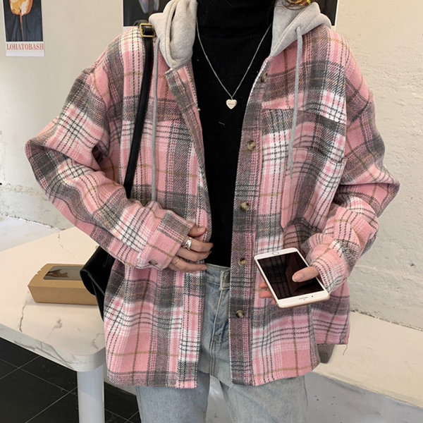 起毛 フード チェック シャツ 女性 ルーズフィット シャツ カジュアル ジャケット 4,792円